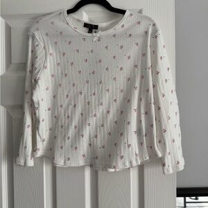 Delia’s White Ribbed Long-Sleeve Pointelle Top with Pink Floral Print